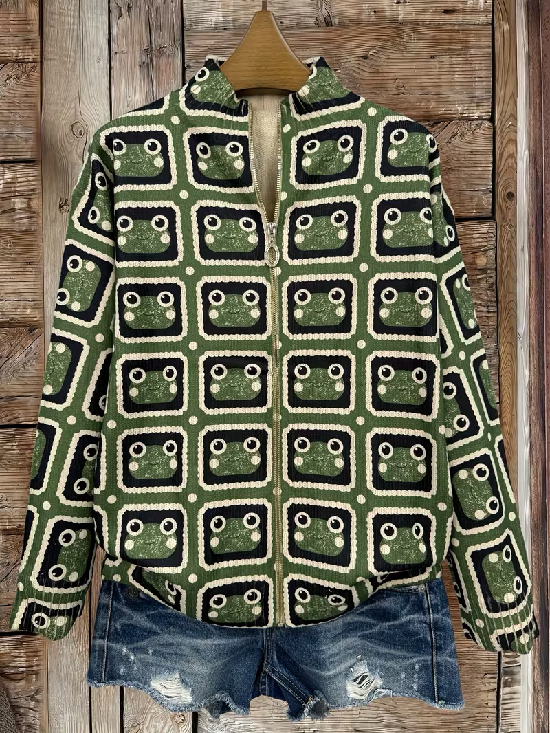 Frog Print Stand Collar Zip Front Knit Cardigan 2