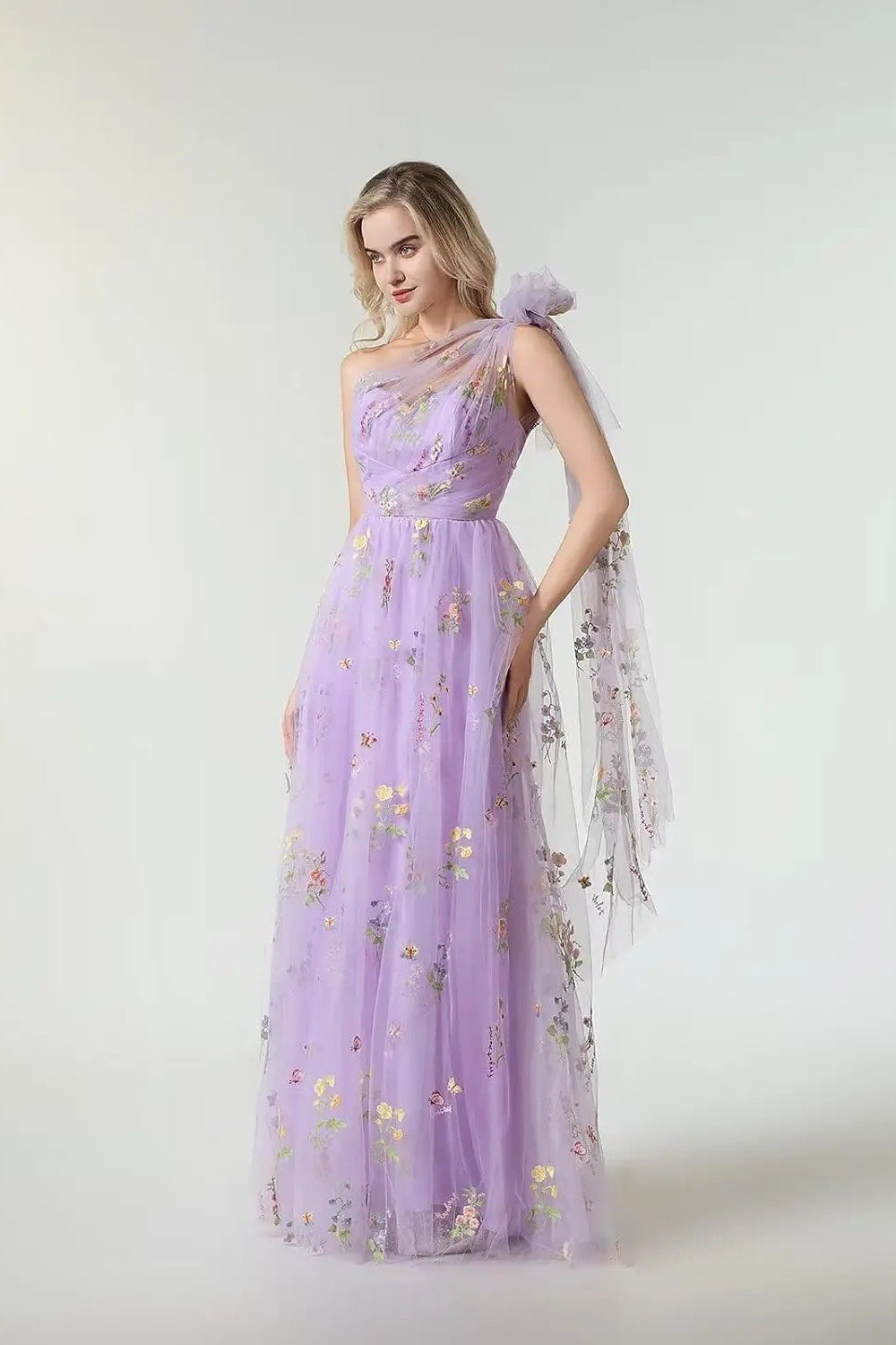 Floral Embroidered One Shoulder Tulle A-Line Prom Gown - View 3