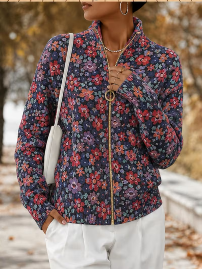 Ditsy Floral Print Stand Collar Full Zip Knit Cardigan 3