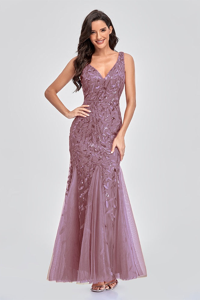 Sequin V-Neck Embroidered Mermaid Maxi Prom Dress - View 2