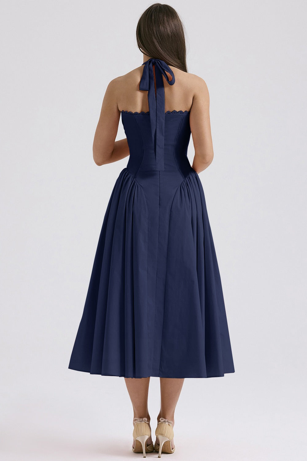 Halter Neck Ruched Corset Fit and Flare Midi Dress - View 20