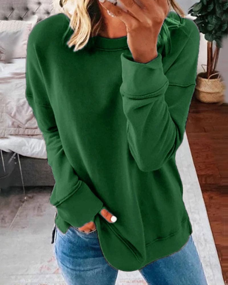 Crew Neck Long Sleeve Exposed Seam Side Split Sweatshirt 10
