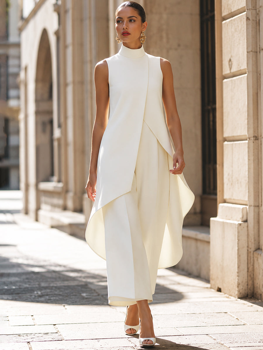 Sleeveless Mock Neck Draped Top and Wide Leg Pants Two Piece Set 4