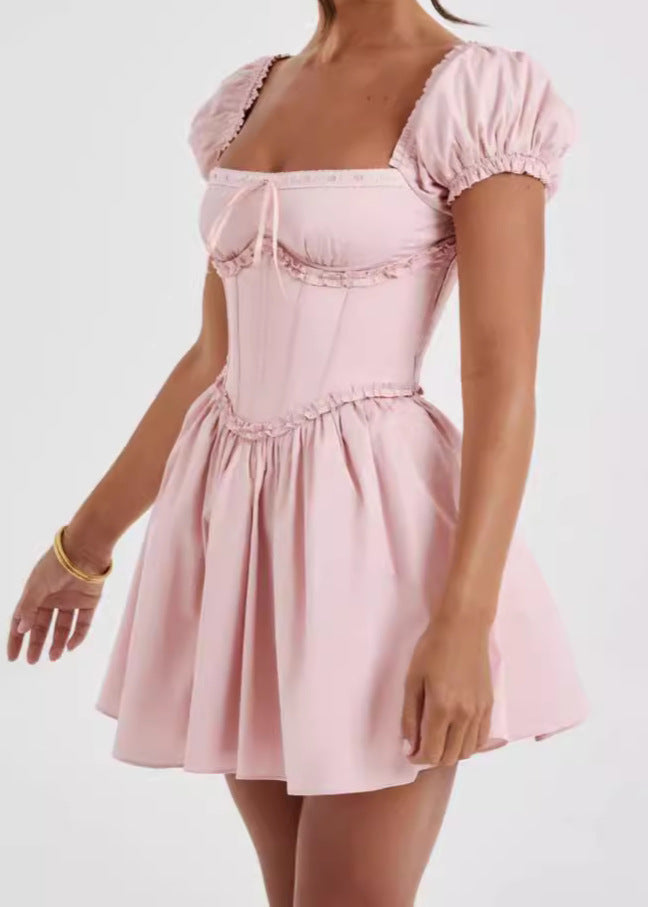 Off Shoulder Puff Sleeve Corset Ruffle Trim Fit and Flare Mini Dress - View 3
