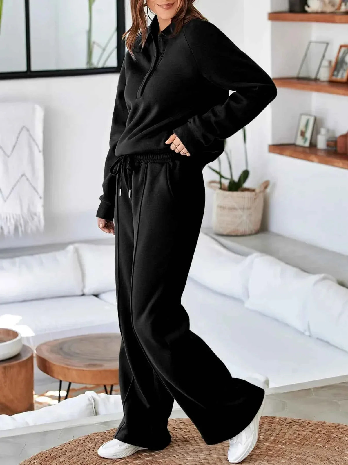 Collared Sweatshirt and High Waist Pants Active Set