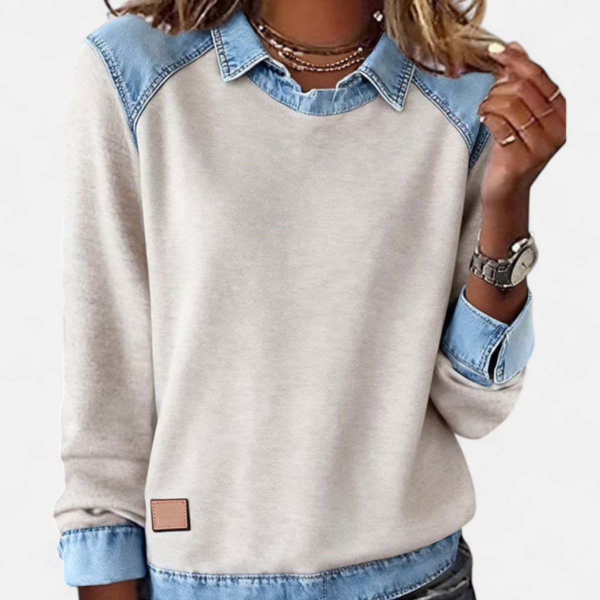 Crew Neck Denim Contrast Panel Sweatshirt