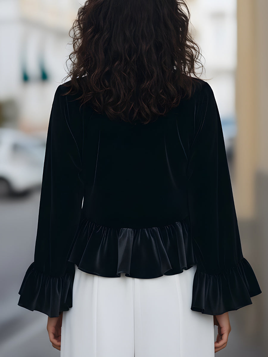 Mock Neck Bell Sleeve Velvet Ruffle Hem Top 5