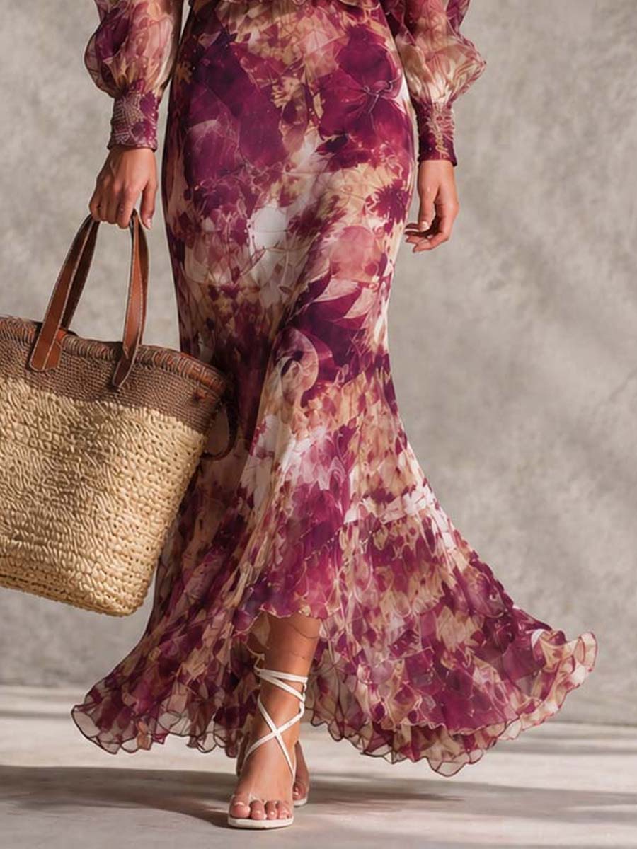 Floral Print Off Shoulder Long Sleeve Smocked Ruffle Maxi Dress 3