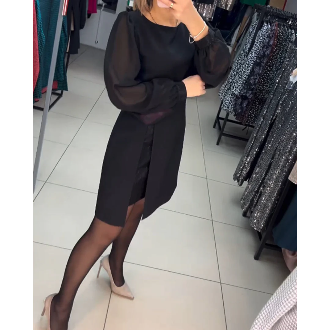 Sheer Balloon Sleeve Round Neck Front Slit Shift Mini Dress