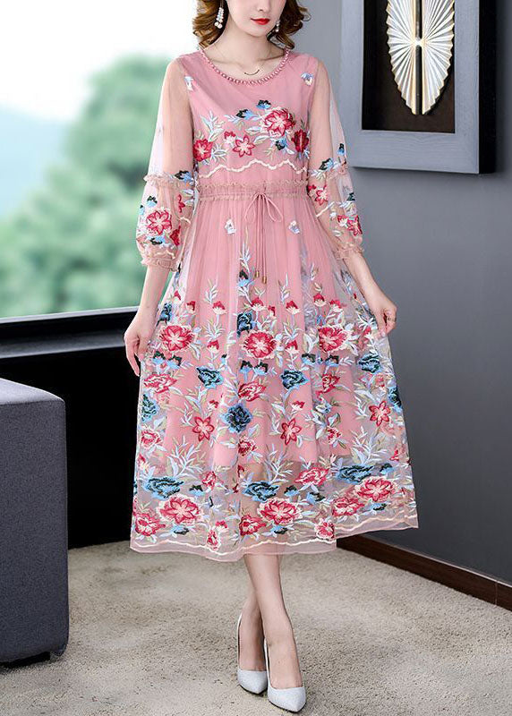Floral Embroidery Mesh Overlay Bishop Sleeve A-Line Midi Dress - View 2