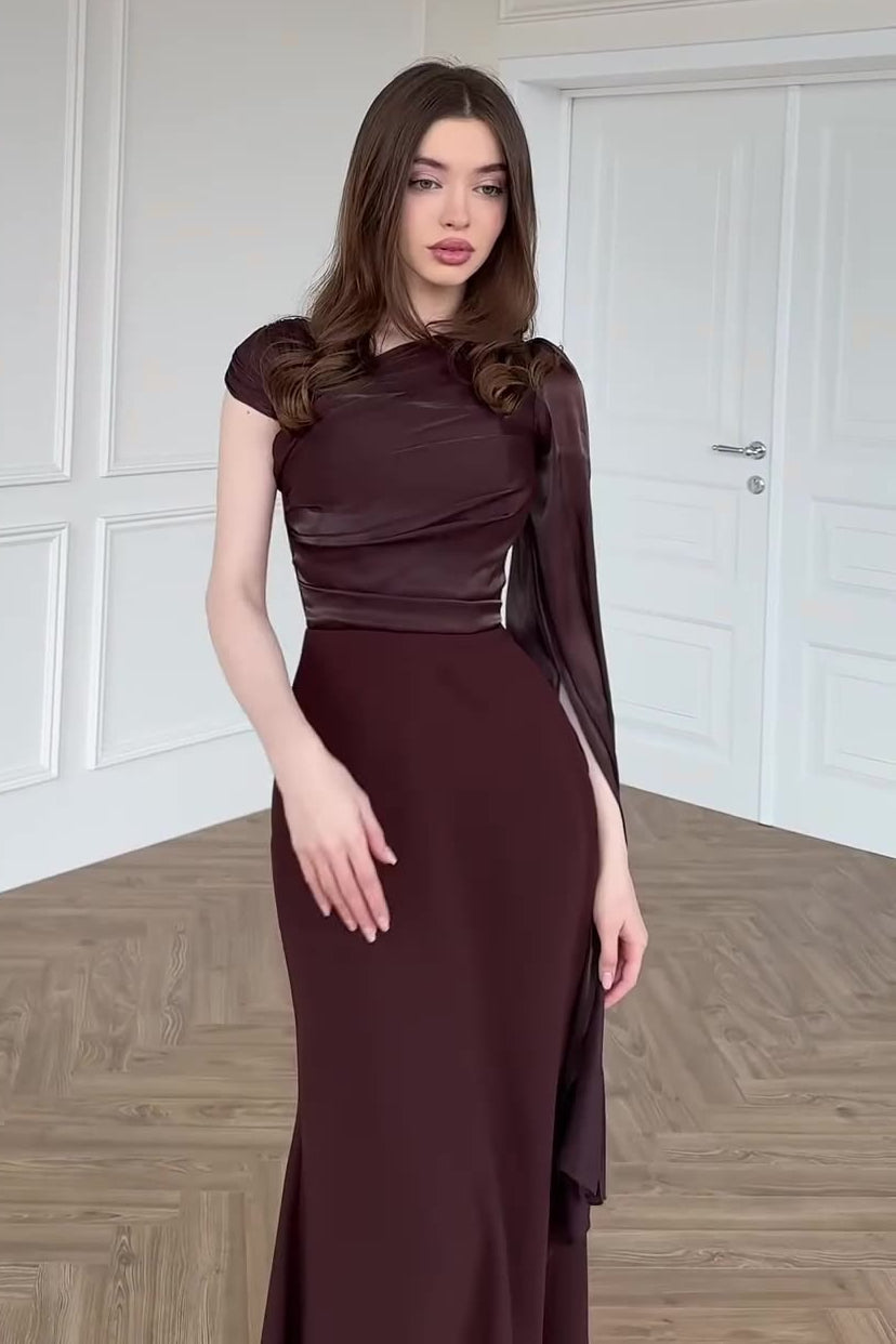 Chiffon One Shoulder Cape Sleeve Ruched High Slit Maxi Dress - View 5