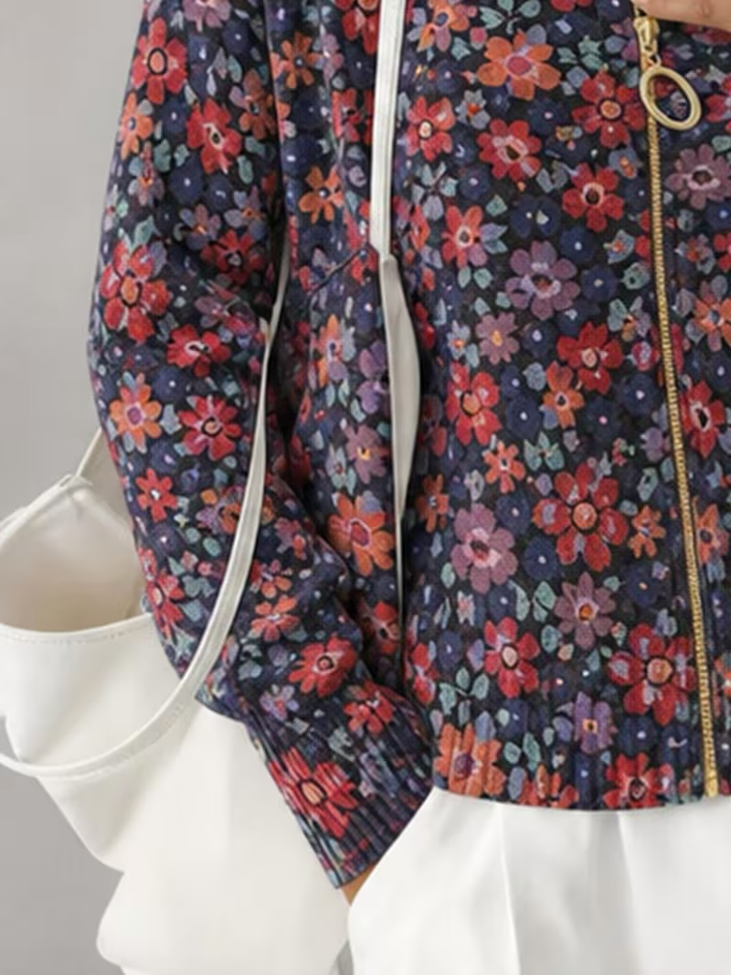 Ditsy Floral Print Stand Collar Full Zip Knit Cardigan 4