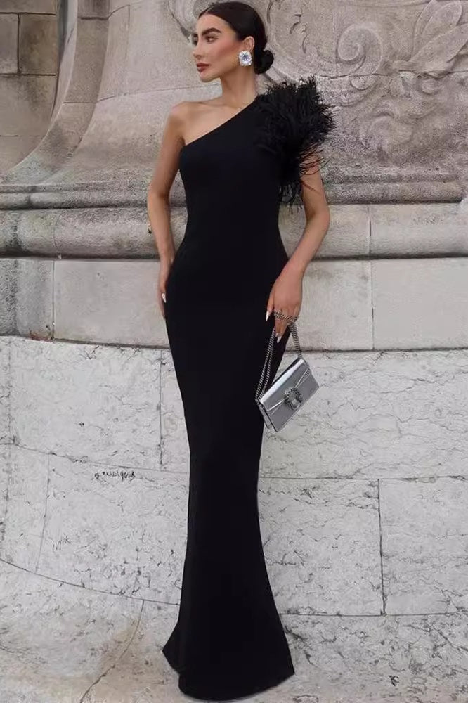 One Shoulder Feather Trim Bodycon Maxi Party Gown - View 2
