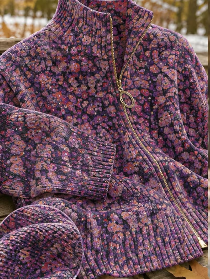 Ditsy Floral Print Zip Front Stand Collar Cardigan 6