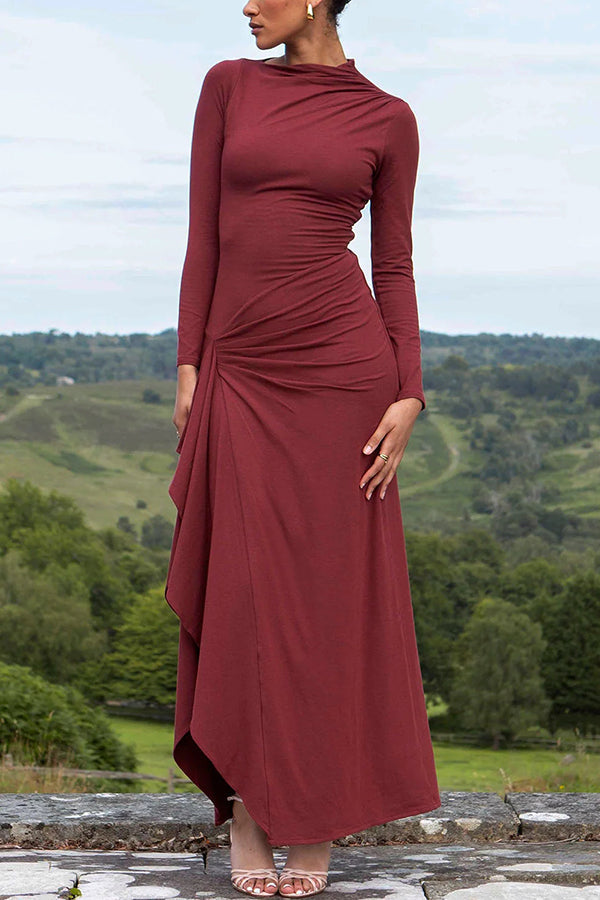 Venus Long Sleeve Ruched Side Slit Drape Ruffles Back Maxi Dress - View 4