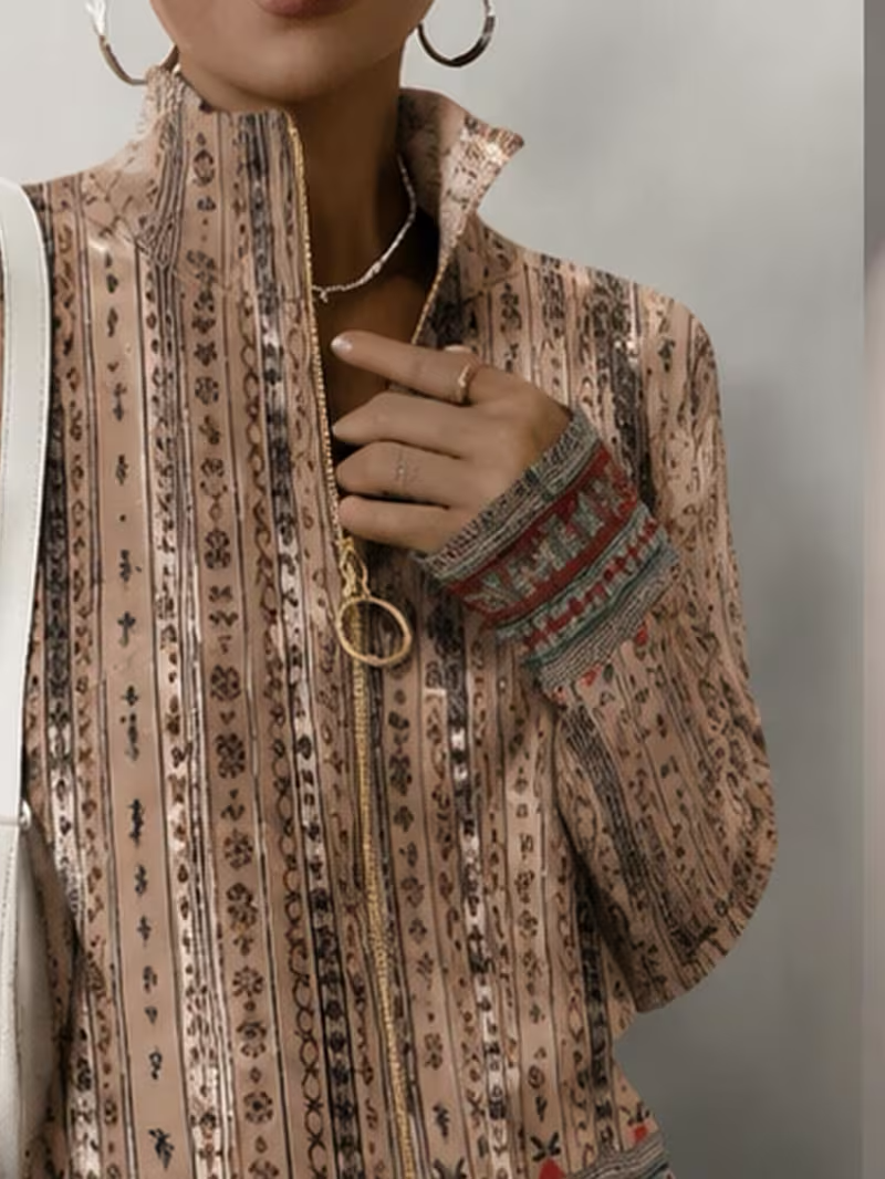 Ethnic Stripe Print Stand Collar Zip Jacket 3