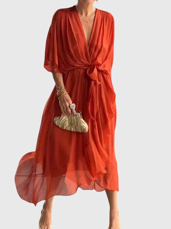 Chiffon V-Neck Batwing Sleeve Belted High Low Midi Dress 12