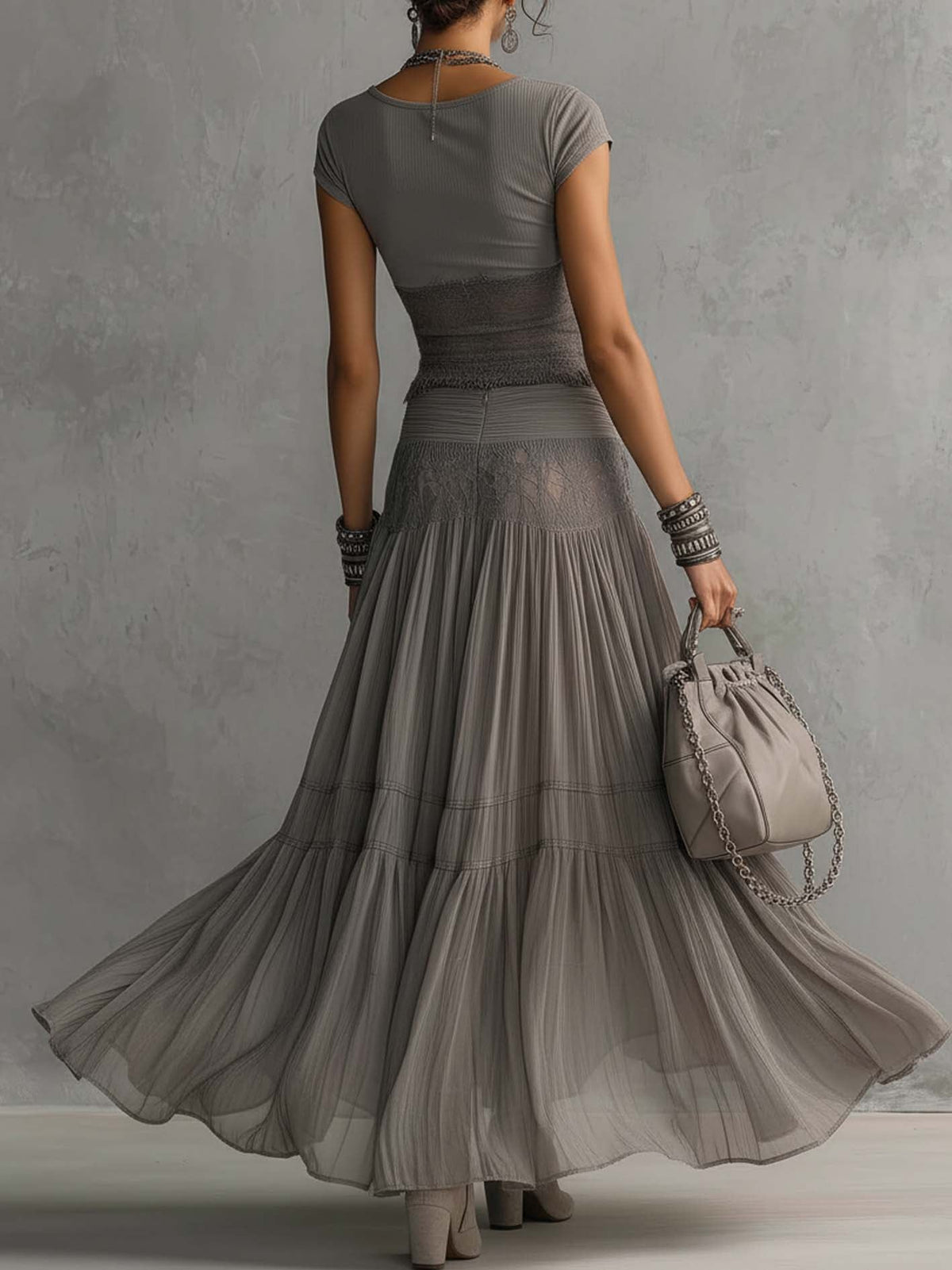 Lace Trim Short Sleeve Top and Tiered Mesh Maxi Skirt Two Piece Set 2