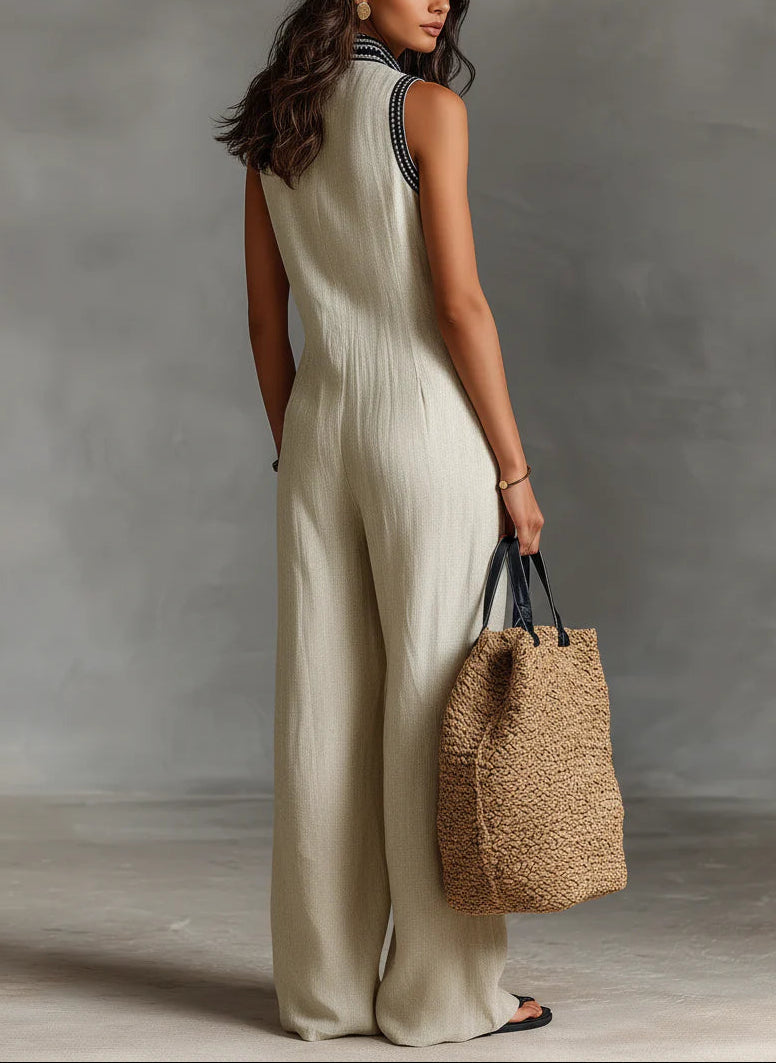 Embroidered V-Neck Sleeveless Zip Front Wide Leg Jumpsuit 2