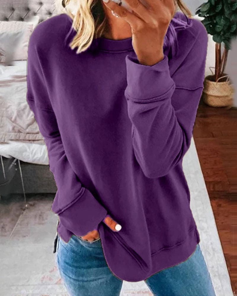 Crew Neck Long Sleeve Exposed Seam Side Split Sweatshirt 11