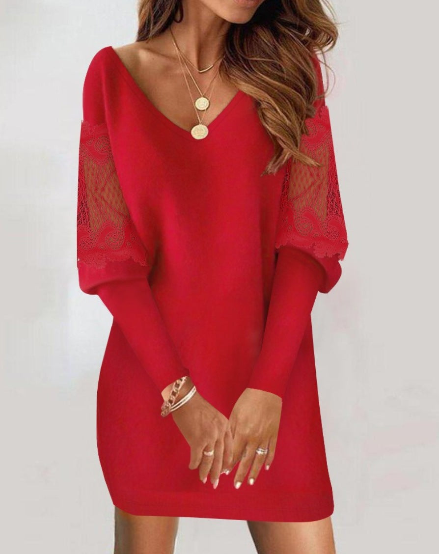 Deep V-Neck Lace Panel Long Sleeve Sweater Mini Dress 2