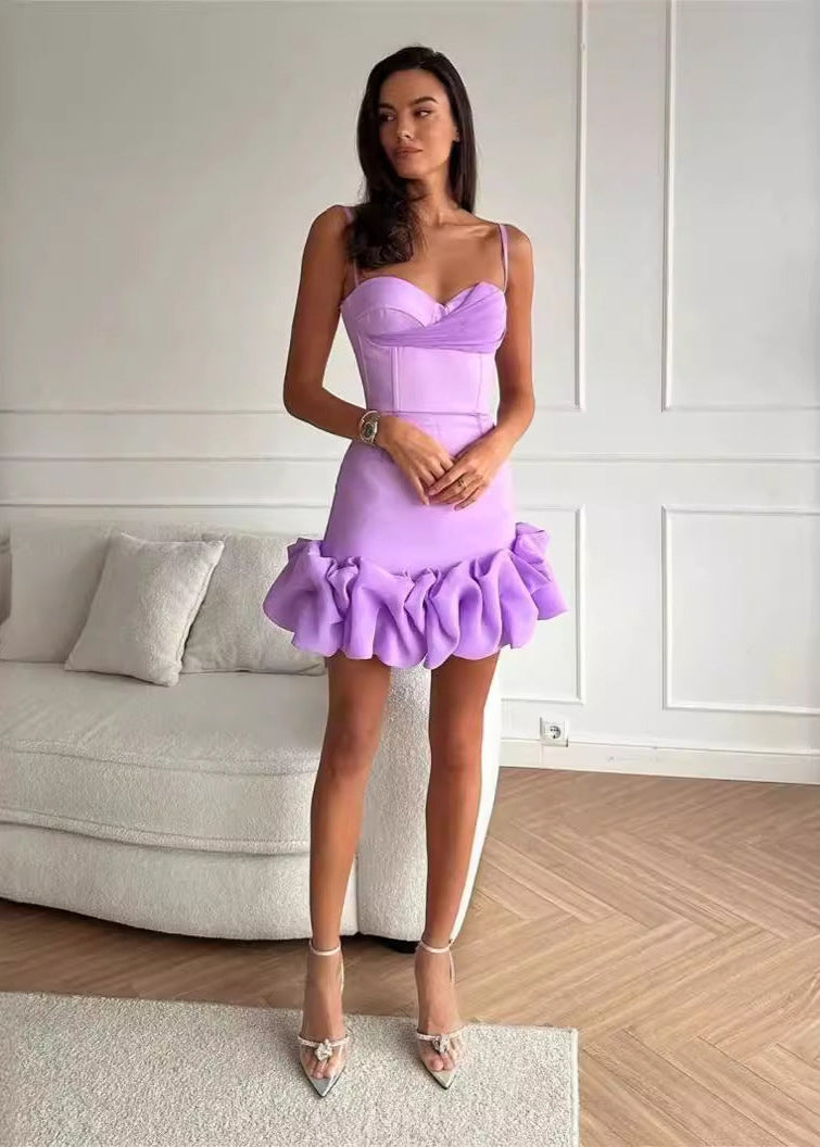 Spaghetti Strap Sweetheart Ruffle Hem Bodycon Mini Dress in Purple - View 2