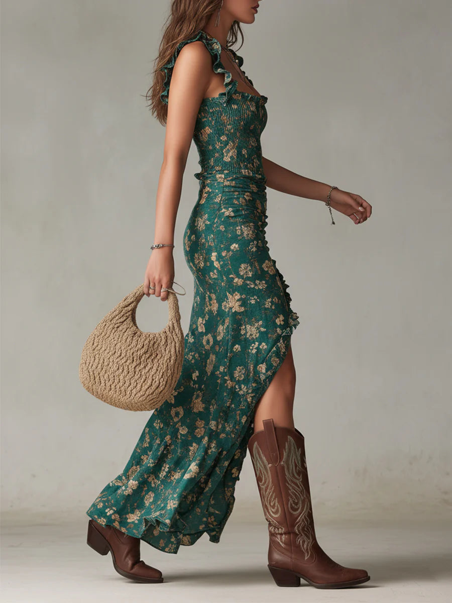 Floral Square Neck Ruffle Strap Smocked High Split Maxi Dress 2