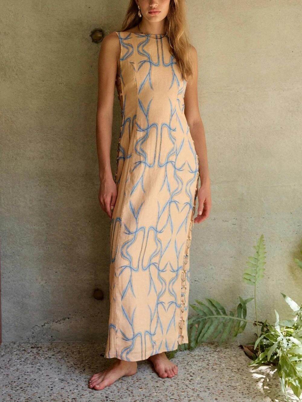 Abstract Geometric Print Sleeveless Boat Neck Ring Midi Dress - View 8
