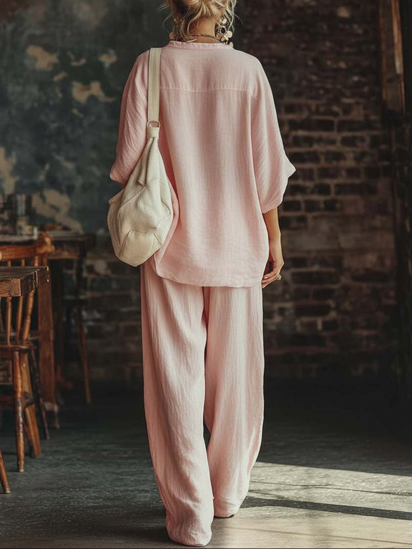 Split Neck Oversized Top and Wide Leg Pants Two Piece Set 2