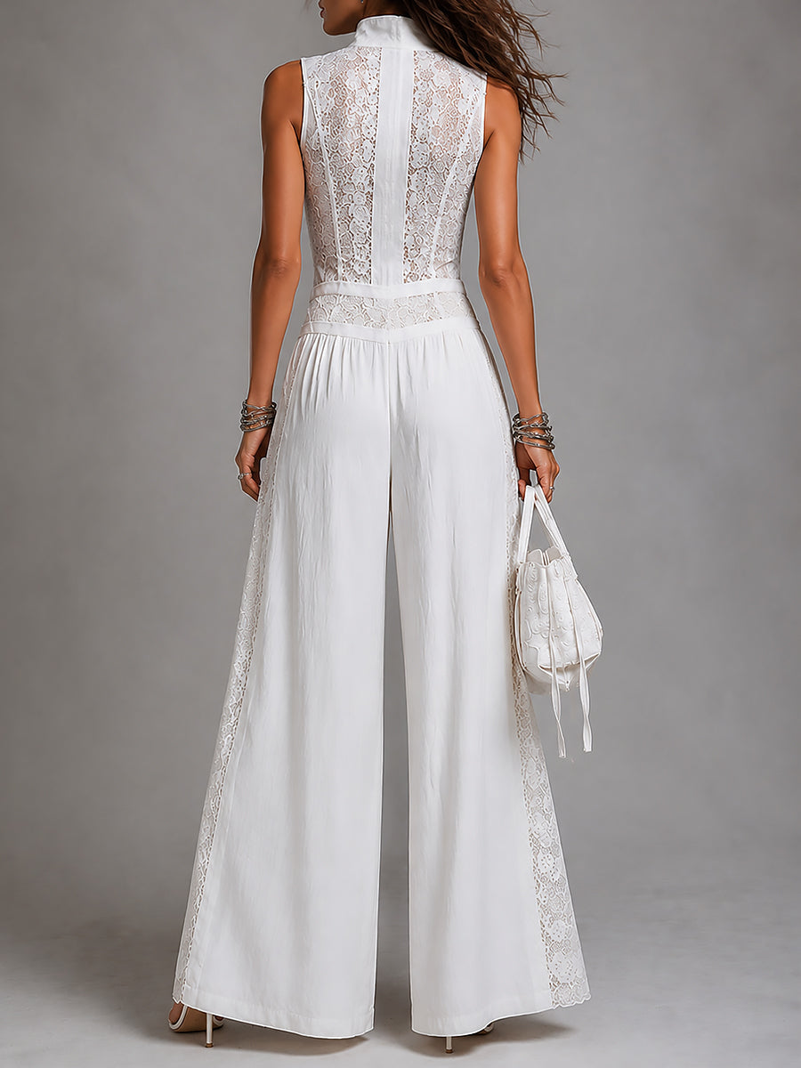 Lace Panel High Neck Zip Front Wide Leg Jumpsuit 2