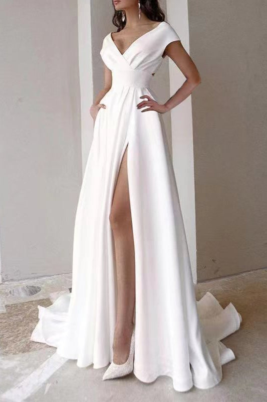 Satin Cap Sleeve A-Line Wedding Gown - View 2