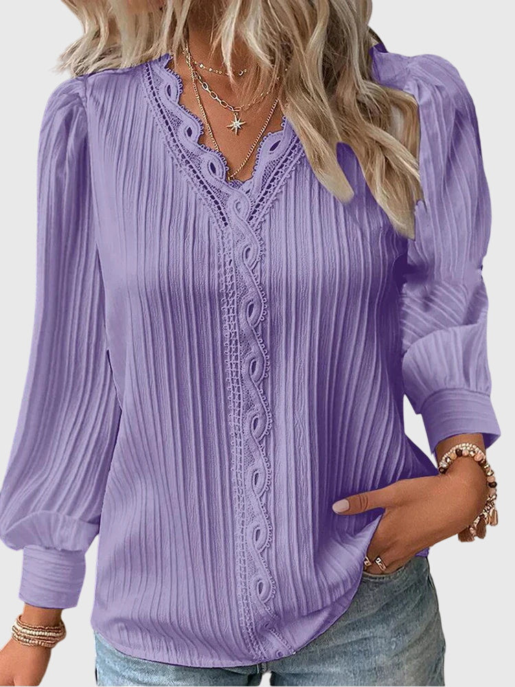 V-Neck Long Sleeve Lace Trim Pleated Blouse 3