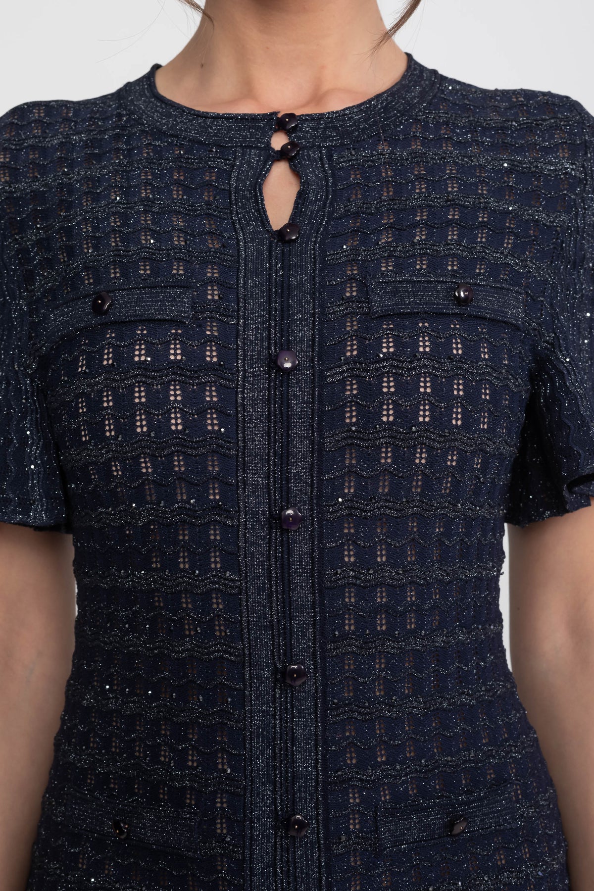 Short Sleeve Midi Dress With Shimmer Knit Texture - Navy - View 6