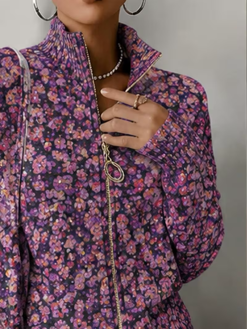 Ditsy Floral Print Zip Front Stand Collar Cardigan 2