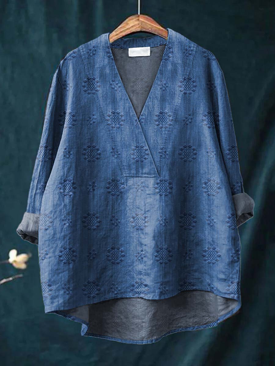 V-Neck Quarter Sleeve Eyelet Embroidered Tunic Top 3