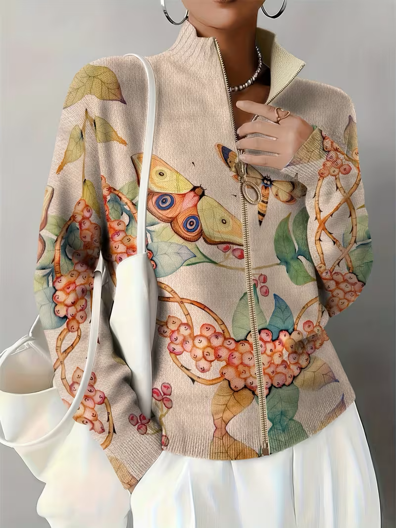 Butterfly Floral Print Stand Collar Zip Knit Cardigan