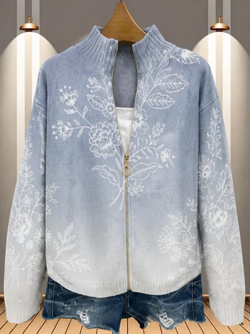 Floral Print Stand Collar Zip Front Knit Cardigan 5