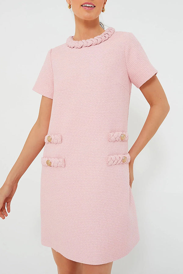 Tweed Braided Trim Faux Pocket Metallic Button Shift Mini Dress