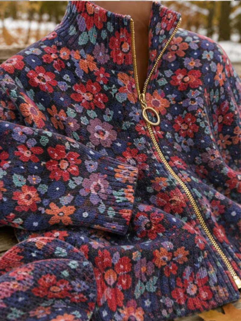 Ditsy Floral Print Stand Collar Full Zip Knit Cardigan 6