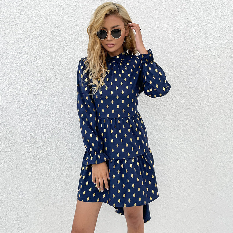 Mock Neck Long Sleeve Tiered High Low Metallic Polka Dot Dress - View 2
