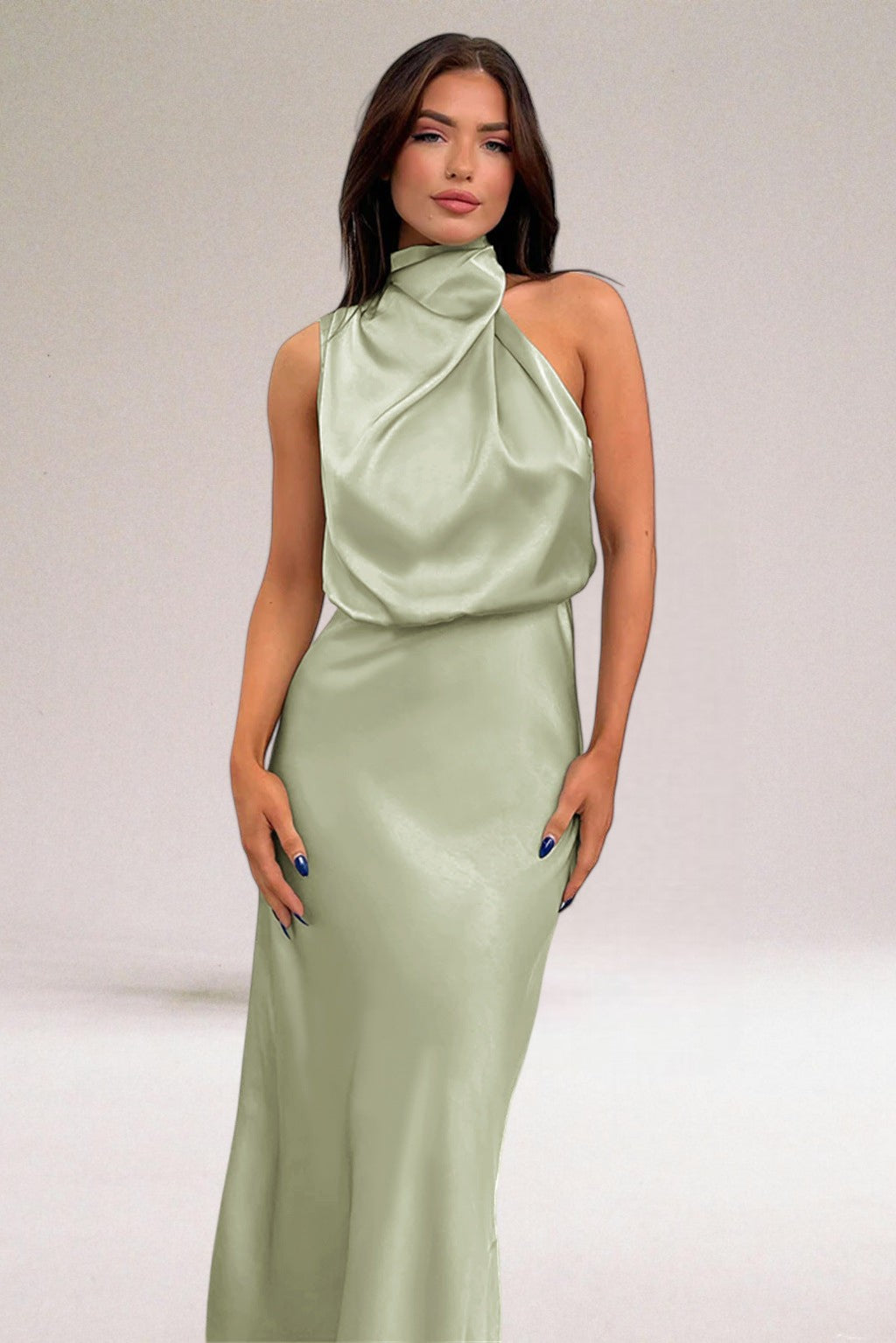 Halter Neck Draped Sleeveless Satin Maxi Dress