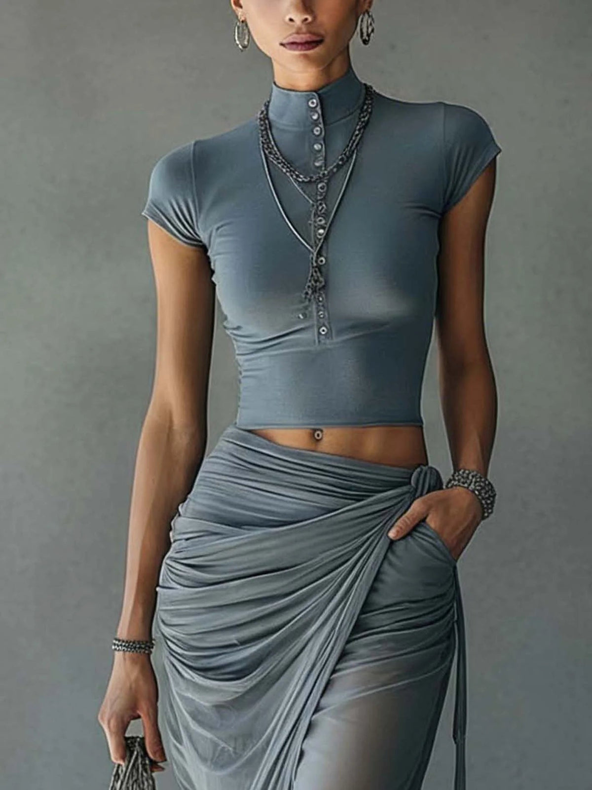 Mock Neck Crop Top and Ruched Mesh Maxi Skirt Two Piece Set 3