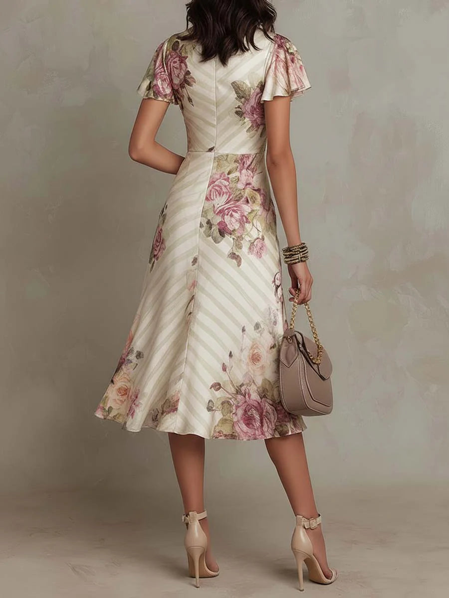 Floral Stripe V-Neck Flutter Sleeve Ruched Midi Dress 2
