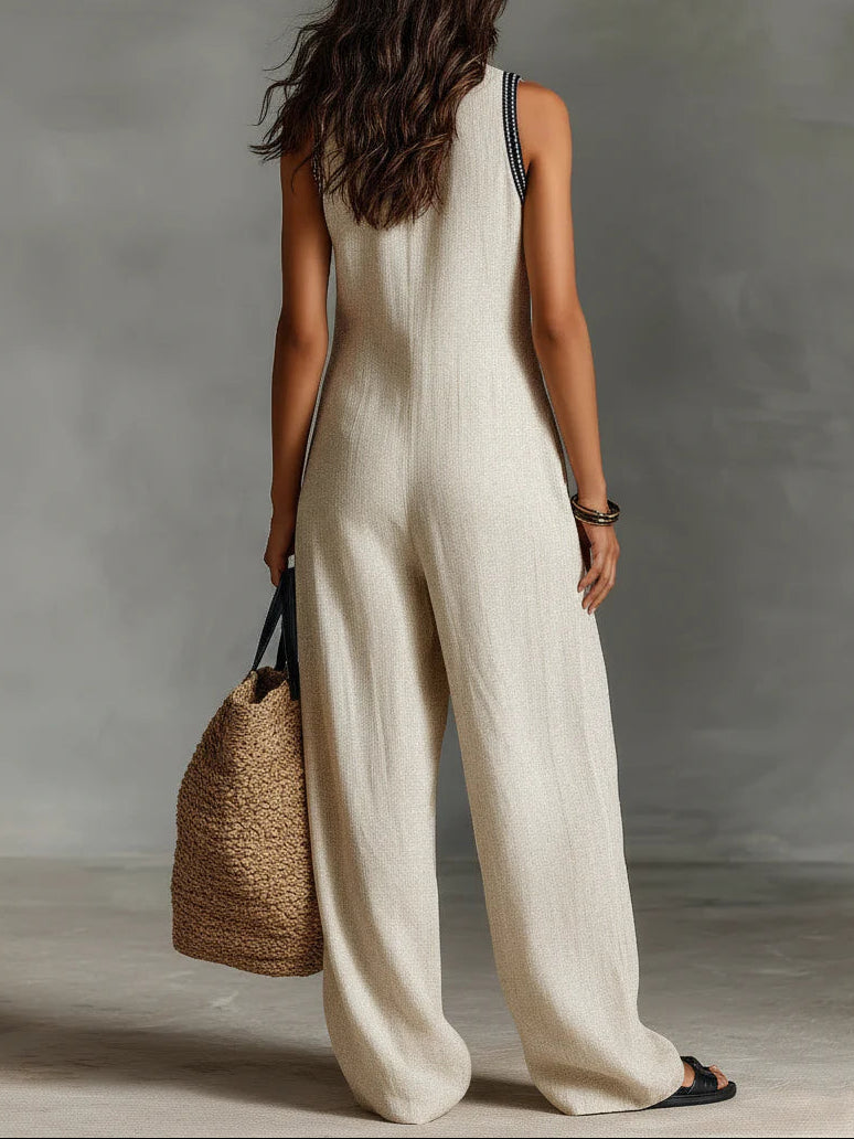 Embroidered V-Neck Sleeveless Zip Front Wide Leg Jumpsuit 3