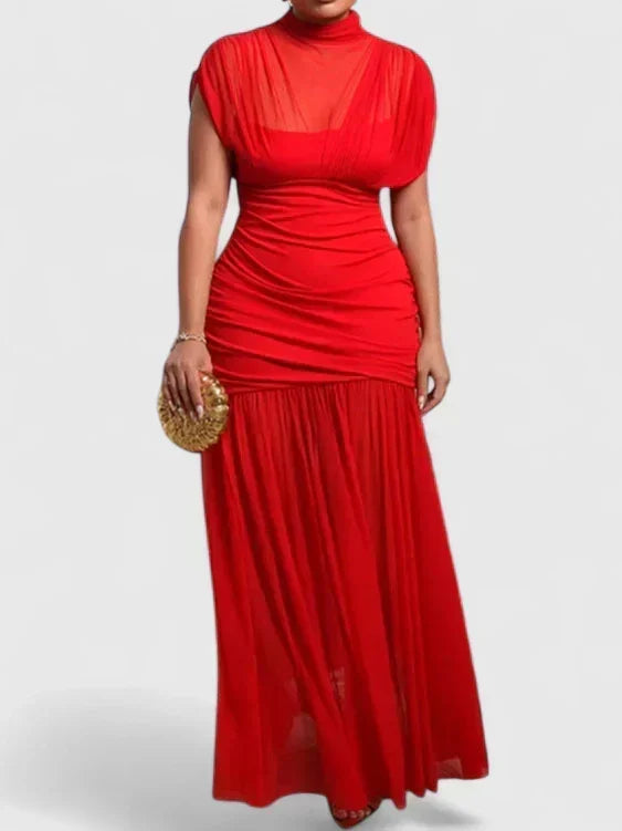Mock Neck Cap Sleeve Ruched Mesh Maxi Gown 5