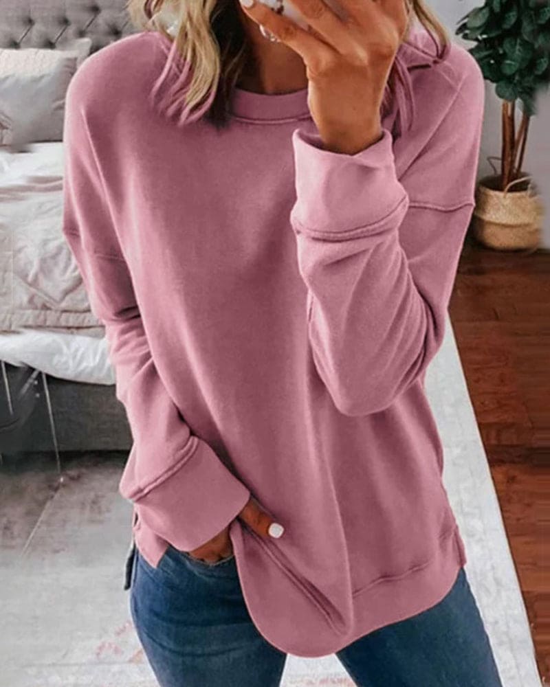 Crew Neck Long Sleeve Exposed Seam Side Split Sweatshirt 4