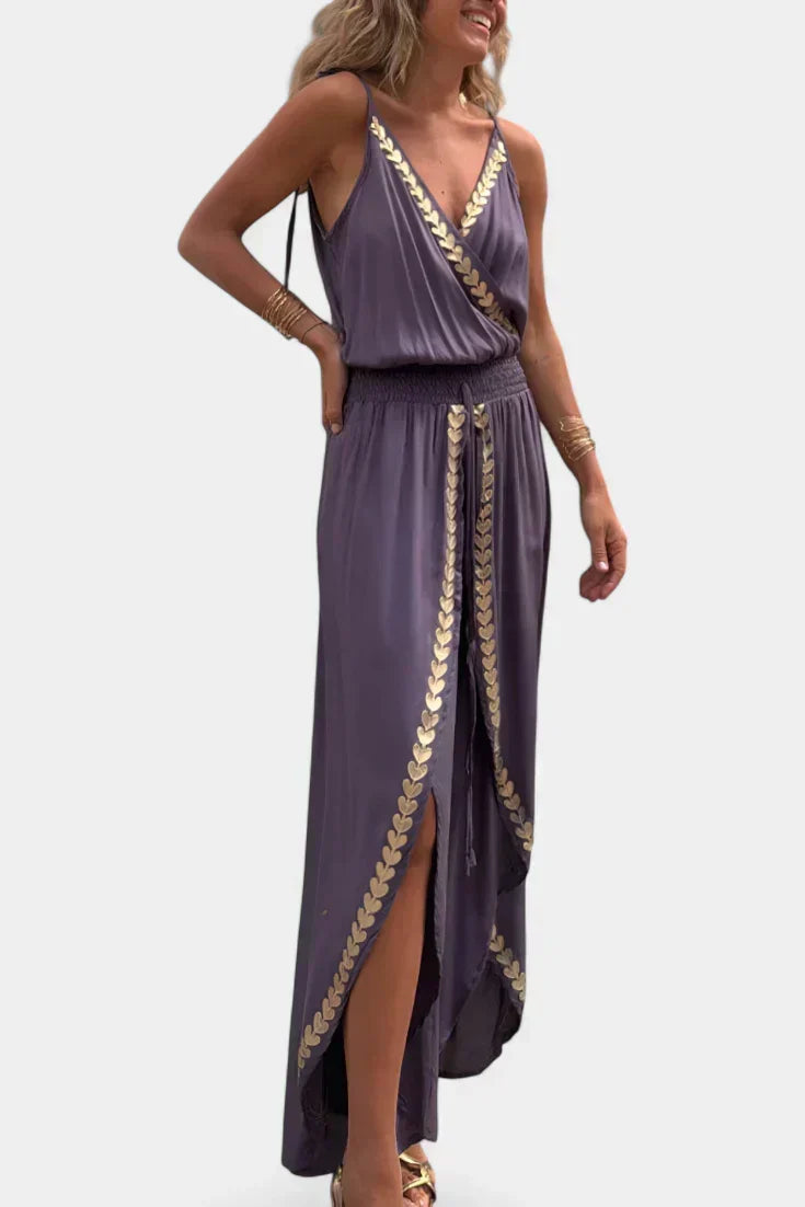 Gold Trim V-Neck Wrap Wide Leg Jumpsuit 3
