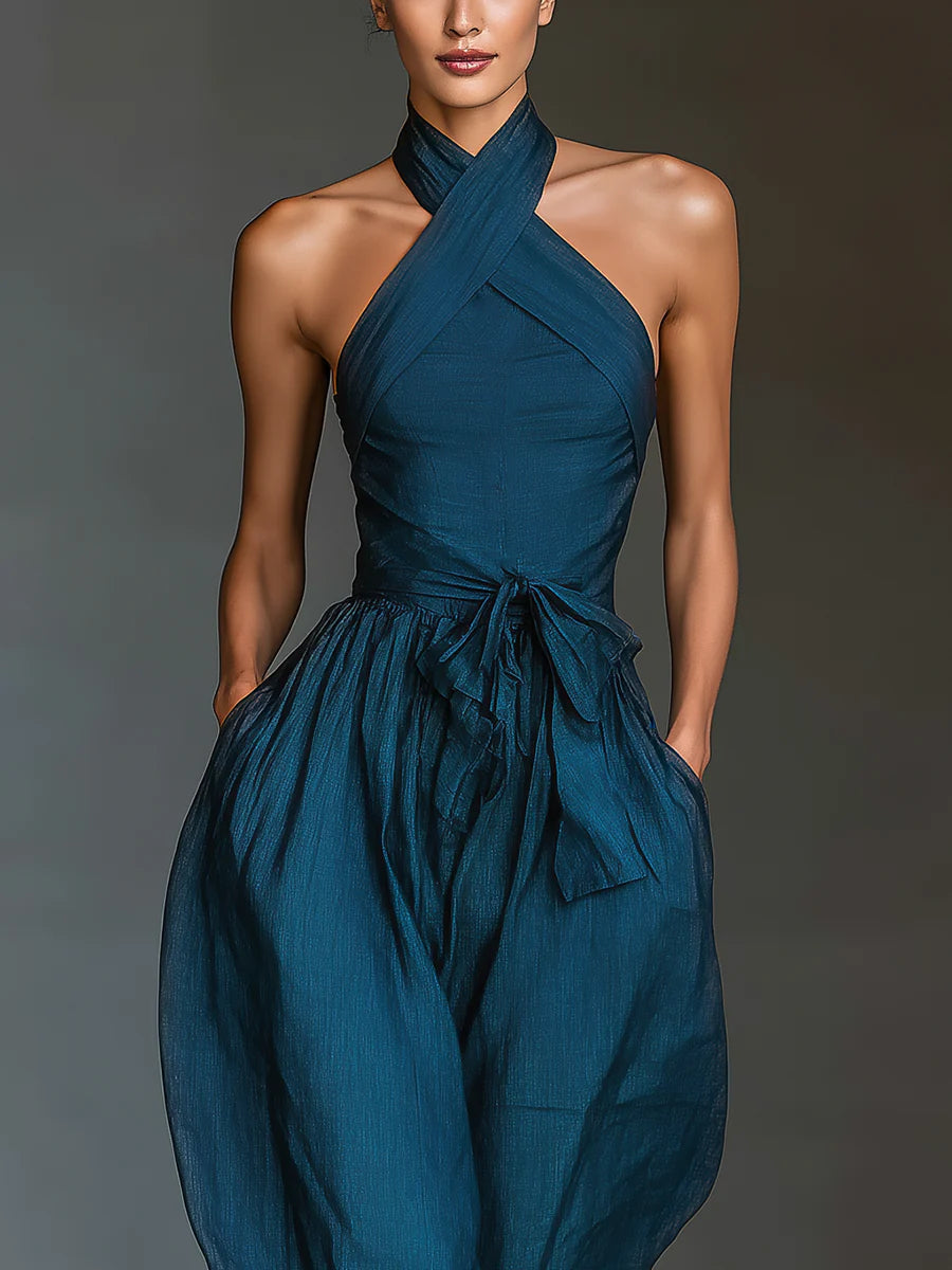 Cross Halter Neck Tie Waist Wide Leg Jumpsuit 3