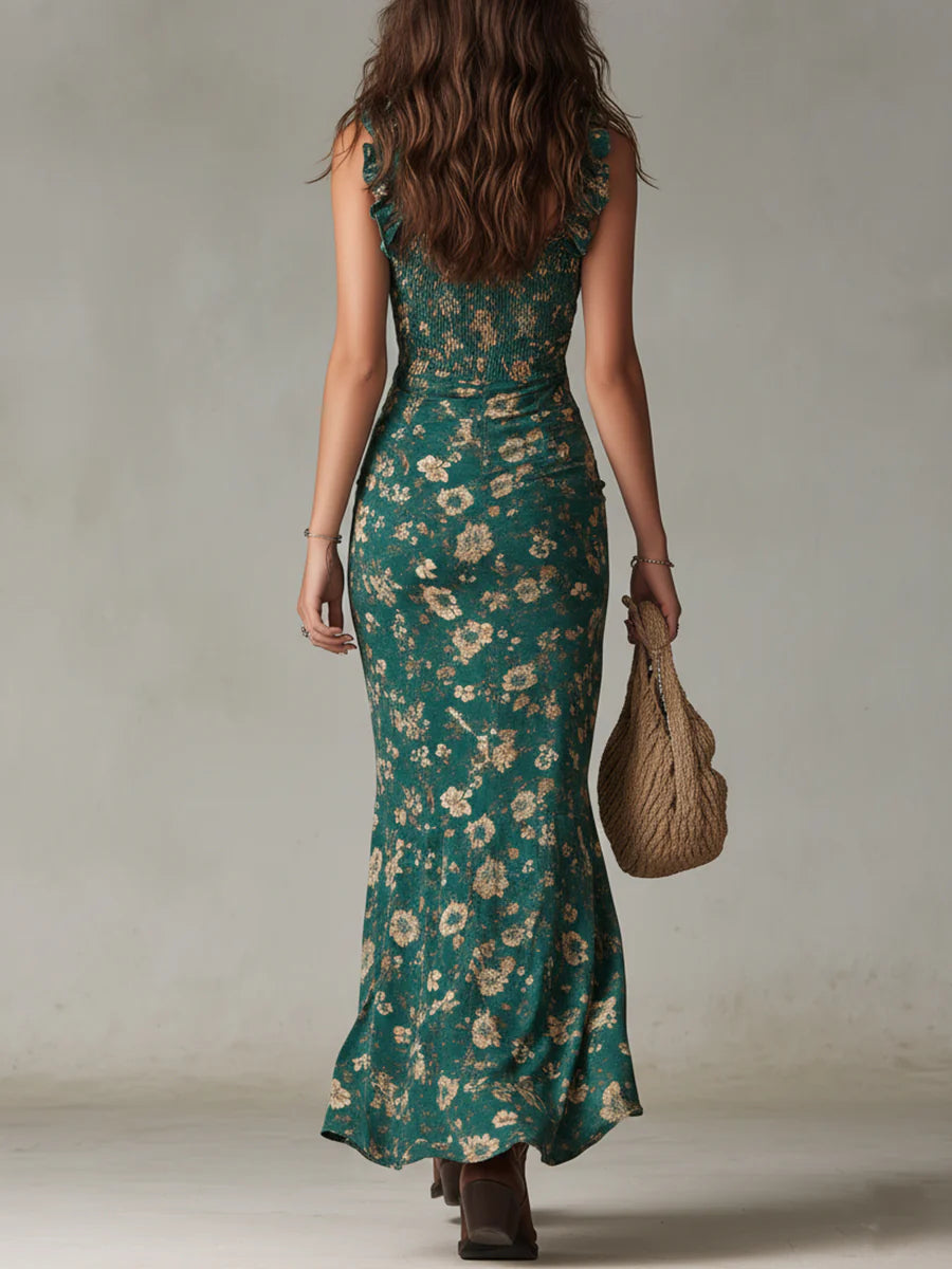 Floral Shirred Ruffle Strap High Split Bodycon Maxi Dress 3