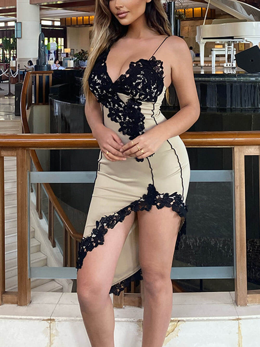 Spaghetti Strap Deep V-Neck Lace Appliqué High Split Mini Dress - View 4
